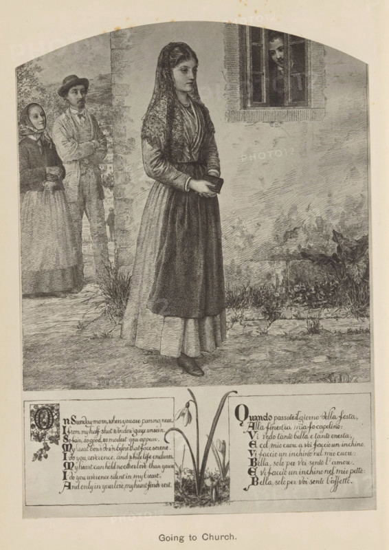 Going to church, photograph, reproduction, page, photographer: Frederick Hollyer, after drawing by Francesca Alexander, c. 1875 - in or before 1885, paper, platinum process, height 228 mm x width 162 mm, prison, jail, prisoner, in fetters, A black and white engraved scene showing a young woman standing in the foreground wearing a long dress with an apron and a patterned shawl over her head and shoulders, holding a small book with both hands near her waist and looking slightly to the side; behind her to the left are two people standing near a stone wall, one wearing a bonnet and a shawl and the other wearing a hat and jacket with folded arms; to the right and higher on the wall a face looks out from a barred window; the setting includes a stone or plaster wall, a patch of grass and low plants at the base of the wall, and a paved or dirt ground beneath the figures, with decorative text panels and floral illustrations visible below the main image.
