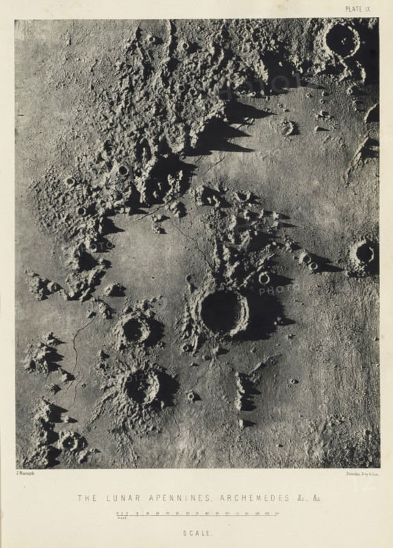 The lunar Apennines, Archemedes, &c., page, photomechanical print, number: 'Plate IX.', inscription: 'Scale.', name: 'Published by John Murray, Albemarle Street Piccadilly.', photographer: James Nasmyth, United Kingdom, cliché maker: anonymous, printer (person): Vincent Brooks, Day & Son, publisher: John Murray, London, c. 1870 - in or before 1873, printer (person), paper, Woodburytype, Woodburytypepie, height 200 mm x width 161 mm, Print for page 101., mountains, surface of the moon, Montes Apenninus, A grayscale aerial-style image of a rough, cratered surface with varied textures and shadows, showing raised rocky ridges, steep shadowed peaks, circular depressions with raised rims, scattered small pits, and elongated shadowed spires; the surface alternates between smoother flat areas and heavily pitted, rugged terrain, with fractures or faint linear grooves crossing parts of the scene, all framed by a pale border around the image.