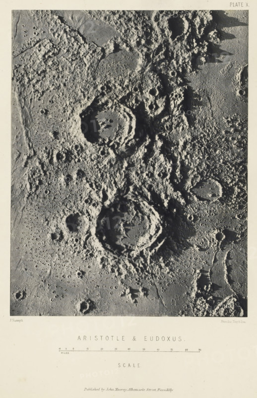 Aristotle & Eudoxus, page, photomechanical print, inscription: 'Scale.', name: 'Published by John Murray, Albemarle Street Piccadilly.', number: 'Plate Son, United Kingdom, publisher: John Murray, London, c. 1870 - in or before 1873, James Nasmyth, Vincent Brooks, Day & Son, John Murray, photographer, cliché maker, printer (person), publisher, paper, Woodburytype, height 174 mm x width 135 mm, Print for page 105., surface of the moon, Moon, A grayscale aerial-style image showing a textured rocky surface with large circular depressions surrounded by raised rims, smaller pits scattered across flatter areas, rough jagged ridges casting shadows, smoother plains with faint linear grooves, and varied crater interiors with central peaks and uneven floors.