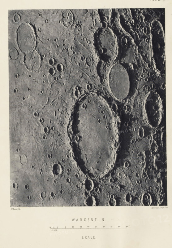 Wargentin, page, photomechanical print, inscription: 'Scale.', number: 'Plate Kingdom, publisher: John Murray, London, c. 1870 - in or before 1873, James Nasmyth, Vincent Brooks, Day & Son, John Murray, photographer, cliché maker, printer (person), publisher, United Kingdom, paper, Woodburytype, height 172 mm x width 137 mm, Print for page 133., surface of the moon, Moon, A grayscale aerial view showing a rough, cratered surface with many circular depressions of varying sizes and raised rims, some overlapping and clustered, casting shadows that emphasize their depth; the terrain includes smoother flat areas inside some craters, jagged ridges and textured ejecta surrounding others, and scattered small pits and grooves across the landscape, all framed by a narrow light border at the top and sides and a wider light margin at the bottom.