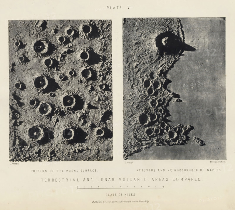 Terrestrial and lunar volcanic areas compared, page, photomechanical print, Left: a part of the surface around the crater Theophilus, right: Vesuvius and the surroundings of Naples seen from above., inscription: 'Portion of the Moon's surface. Vesuvius and neighbourhood of Naples.', name: 'Published by John Murray, Albemarle Street Piccadilly.', inscription: 'Scale of miles.', number: 'Plate VI.', photographer: James Nasmyth, United Kingdom, clichémaker: anonymous, printer (person): Vincent Brooks, Day & Son, publisher: John Murray, London, c. 1870 - in or before 1873, James Nasmyth, Vincent Brooks, John Murray, photographer, cliché maker, printer (person), publisher, paper, Woodburytype, Woodburytypepie, height 215 mm x width 279 mm, Prints for page 89., volcano, geological phenomena, surface of the moon, Moon, Two large rectangular grayscale images are placed side by side on a pale background with a vertical pale strip separating them; the left image shows a textured surface densely ...