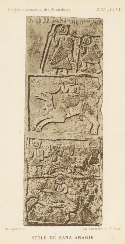 Bas-relief (presumably) on the Stela of Saba'a, Stele de Saba, Arabie, page, photomechanical print, cliché maker: anonymous, printer (person): Lemercier & Cie., Paris, c. 1871 - in or before 1876, Lemercier & Cie., photographer, cliché maker, printer (person), paper, photoaquatint, height 167 mm x width 63 mm, sculpture (relief, sculpture), upright gravestone, A tall rectangular stone slab with carved relief panels arranged vertically, each panel containing stylized humanlike figures and animals in profile. The top panel shows two standing figures holding long staffs, both wearing patterned garments and helmets with pronounced circular eye designs. The next panel down depicts a mounted figure on a long-necked animal, the rider seated with a patterned skirt and the animal shown with extended legs and a decorated harness, accompanied by a smaller standing figure behind. The middle panel contains several standing figures, one centrally positioned with raised arms and others beside it, all...