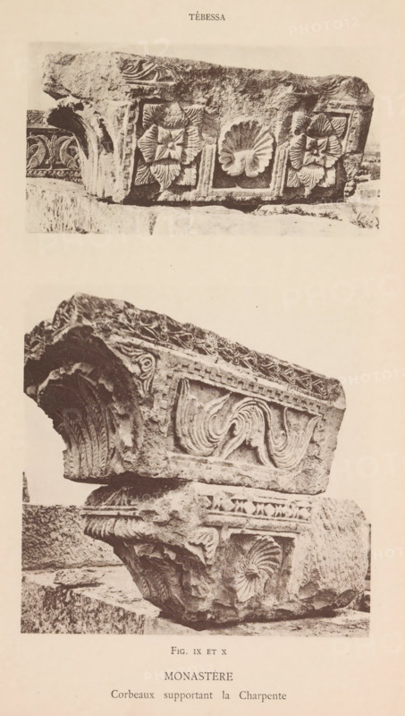 Two corbels from the ruins of a Roman monastery church in Tébessa, decorated with leaf motifs and waves, Monastère Corbeaux supportant la Charpente, page, photomechanical print, number: 'Fig. IX et X', Tébessa, maker: Berthaud Frères, France, c. 1884 - in or before 1894, photographer, North Africa, paper, collotype, photoprint, height 248 mm x width 160 mm, Prints after page 18., column, pillar, architecture, ruin of church, monastery, A vertical image showing two separate sections of carved stone architectural fragments stacked vertically against a plain background, each fragment displaying carved floral and shell-like motifs and decorative borders; the top fragment is a horizontal block with a central carved shell flanked by stylized flower rosettes and framed by textured stone edges; the lower fragment shows a larger, angled stone with ornate scrollwork panels, carved acanthus-like leaves, and a prominent shell motif on its face, with visible weathering, chips, and rough surfaces th...