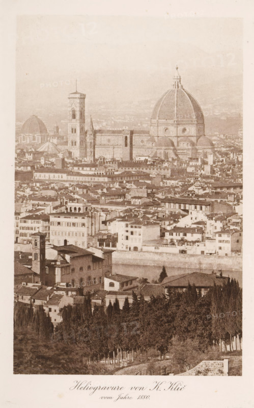 View of Florence, page, photomechanical print, number: 'Tafel VIII', photographer: Karel Klíc, Florence, cliché maker: anonymous, c. 1900 - in or before 1905, Tuscany, paper, photoaquatint, height 172 mm x width 110 mm, Print after page 484., city-view in general, 'veduta', A sepia-toned aerial view of a dense urban landscape dominated by a large cathedral with a prominent dome and adjacent bell tower, surrounded by numerous multi-story buildings with tiled roofs, narrow streets, and smaller domed structures; the foreground shows a line of tall, slender trees bordering a lower area with villas and gardened plots, and the midground and background are filled with tightly packed residential and historic buildings receding toward a hazy horizon.