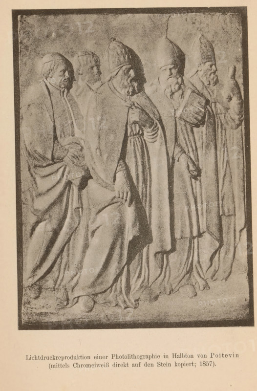 Relief, (presumably) depicting a pope and bishops, page, photomechanical print, inscription: 'Lichtdruckreproduktion, (1857)', number: 'Tafel X', photographer: Alphonse-Louis Poitevin, cliché maker: anonymous, c. 1900 - in or before 1905, paper, collotype, photoprint, height 147 mm x width 108 mm, Print after page 484., archbishop, bishop, etc. (Roman Catholic), pope, sculpture (relief, sculpture), A rectangular framed monochrome image shows a relief-like scene of robed figures standing in a row, each wearing long flowing garments and some wearing tall pointed head coverings; visible hands emerge from the robes and one figure appears to grip fabric near the waist; the figures show bearded faces with varied profiles and downcast eyes, and the drapery of their robes forms deep folds and sweeping lines that reach to a textured ground; a narrow dark border surrounds the image and a light margin frames the whole.