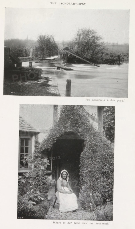 View of a river and an unknown woman in front of a house, page, photomechanical print, inscription: ''The abandon'd, the housewife.'', maker: Henry W. Taunt, United Kingdom, c. 1907 - in or before 1912, Henry W. Taunt, paper, autotypie, height 223 mm x width 143 mm, Prints on page 16., adult woman, river, housing, A vertically oriented page shows two black-and-white photographic scenes stacked one above the other. The top image depicts a river scene with a wooden water structure spanning the flowing water, with planks and beams angled over the surface and vegetation, including leafless bushes, along the far bank; a stone or concrete edge and a short post appear in the foreground beside the water. The lower image shows a seated woman wearing a head covering and layered clothing on a simple stool in front of a house entrance framed by dense, sculpted foliage forming an arch; a window and roof edge are visible to the left, and garden plants and a cobbled path surround the doorway.
