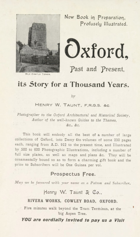 Old castle tower, page, photomechanical print, maker: Henry W. Taunt, Oxford, c. 1907 - in or before 1912, paper, autotypie, height 50 mm x width 38 mm, Print in the back of the book., towers, fortified city, castle, façade (of house or building), Oxford Castle, A vertically oriented aged paper page with a small rectangular black-and-white photograph of a stone tower and surrounding low buildings near the top left, a large decorative single-word heading in dark ornate type to the right, and multiple lines of printed text in various fonts and sizes arranged beneath, including a centered bold phrase in larger type, a narrow block of smaller text, and a bold line in the middle of the page; the paper shows slight discoloration and small speckles.