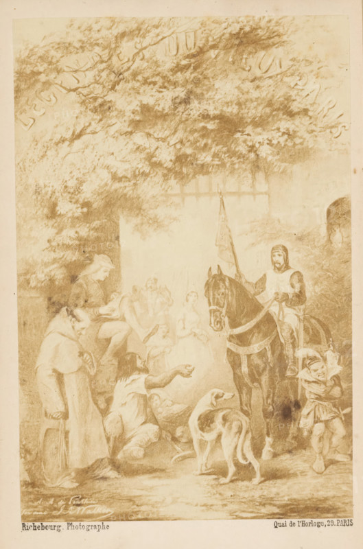 Photo reproduction of a drawing of a knight on a horse in front of a gate with people around him, Légendes du vieux Paris, photograph, reproduction, page, photographer: Pierre-Ambroise Richebourg, after drawing by anonymous, c. 1857 - in or before 1867, paper, albumen print, albumendruk, height 158 mm x width 104 mm, Photo opposite title page., knight, gate, entrance, Paris, A sepia-toned illustration showing a group of people and animals beneath a large leafy tree, with a knight in armor mounted on a dark horse near the center holding a banner, a young boy standing nearby tugging at his garment, a dog with a curled tail facing away from the viewer in the foreground, several seated and standing figures clustered to the left including a robed man leaning forward and a reclining figure reaching out, and a faint architectural opening or gate visible behind the scene.
