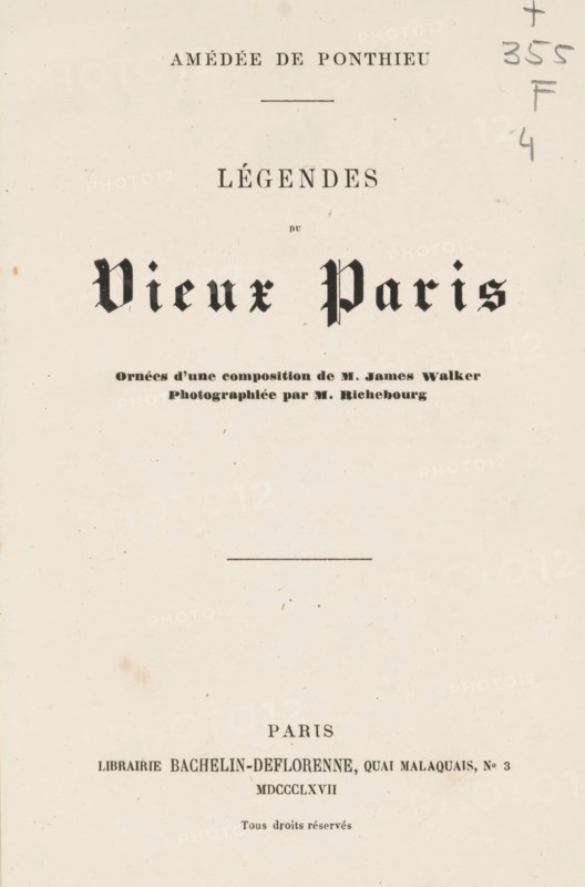 Légendes du vieux Paris, book, writer (clerical worker): Amédée de Ponthieu, printer (person): Jules Bonaventure, Paris, publisher: Librairie Bachelin-Deflorenne, 1867, writer (clerical worker), printer (person), paper, albumen print, height 185 mm x width 120 mm x thickness 25 mm, A cream-colored page with a central decorative horizontal line and various printed elements arranged vertically, including a large ornate blackletter title near the top center, smaller serif lines above and below it, and additional smaller printed lines toward the middle and lower portion of the page; there are light age spots and tiny speckles scattered across the page, a faint pencil annotation along the right edge, and a few darker smudges and blemishes near the lower left area.