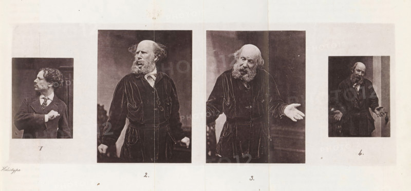 Four portraits of unknown men presumably showing helplessness, page, photomechanical print, number: 'Pl. VI. 1. 2. 3. 4.', c. 1862 - in or before 1872, paper, photoaquatint, height 226 mm x width 285 mm, Prints opposite page 270., passions, emotions, affections, Weakness, Powerlessness, Helplessness, 'Infermità' (Ripa), A wide rectangular print shows four portrait photographs arranged horizontally on a pale background, each portrait framed by a darker rectangle. The leftmost portrait depicts a younger man in a dark jacket and patterned neckwear, turned in profile with his gaze to the left and one hand raised near his chest. The second portrait from the left shows an older bearded man with a balding head and tousled hair, wearing a dark buttoned garment with visible pockets and a pair of spectacles hanging at his chest, standing with clenched hands at his sides and mouth slightly open. The third portrait features the same older bearded man facing slightly toward the viewer with one hand...