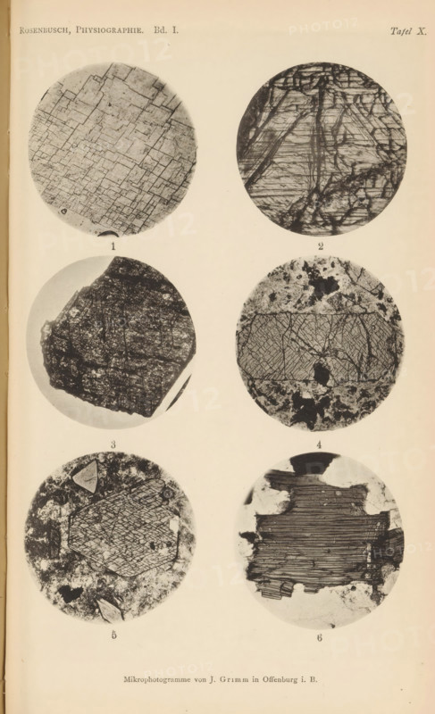 Six microscopic enlargements of minerals, page, photomechanical print, Image 1 is calcite, 2 is hypersthene, 3 is anatase, 4 is nepheline, 5 is dacite, and 6 is granite., number: 'Tafel Greifswald, cliché maker: J. Grimm, Offenburg, c. 1880 - in or before 1885, Emil Cohen, J. Grimm, photographer, cliché maker, Baden-Württemberg, Mecklenburg-Vorpommern, Greifswald, paper, collotype, photoprint, height 233 mm x width 149 mm, minerals and metals, A vertical sheet with a light background contains six circular black-and-white close-up images arranged in two columns and three rows, each circle showing varied textured patterns. The top left circle shows a grid-like mosaic of intersecting straight lines forming irregular rectangular blocks. The top right circle displays layered striations and diagonal fractures crossing horizontal banding. The middle left circle contains a darker irregular fragment with rough granular texture and subtle linear markings along its surface. The middle right circl...