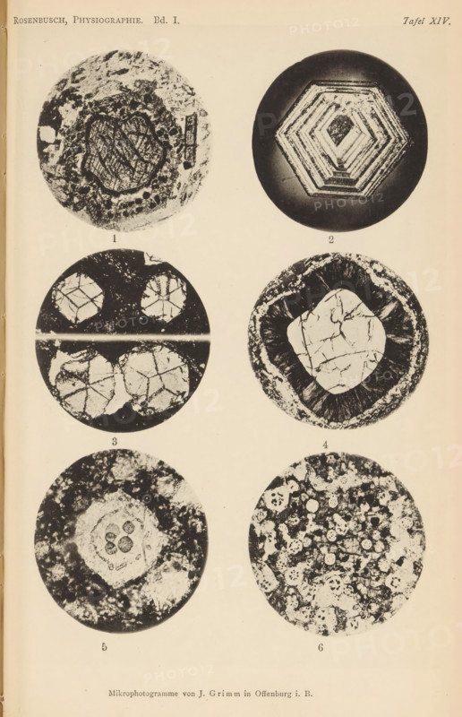 Six microscopic enlargements of minerals, page, photomechanical print, Image 1 is augite and magnetite, 2, 3 and 4 is garnet, 5 is leucite and 6 is leucite., number: 'Tafel XIV', number: '1, 6', photographer: Emil Cohen, Greifswald, cliché maker: J. Grimm, Offenburg, c. 1880 - in or before 1885, Baden-Württemberg, Mecklenburg-Vorpommern, paper, collotype, photoprint, height 233 mm x width 149 mm, minerals and metals, A cream-colored page shows six circular black-and-white microscopic images arranged in two vertical columns and three rows, each circle containing distinct textured patterns; the top left circle has irregular mottled regions with a central textured core and surrounding speckling, the top right circle features a concentric hexagonal layered pattern with a darker outer ring, the middle left circle displays four segmented lighter shapes against a dark background with a horizontal bright band crossing near its center, the middle right circle contains a lighter central irregula...