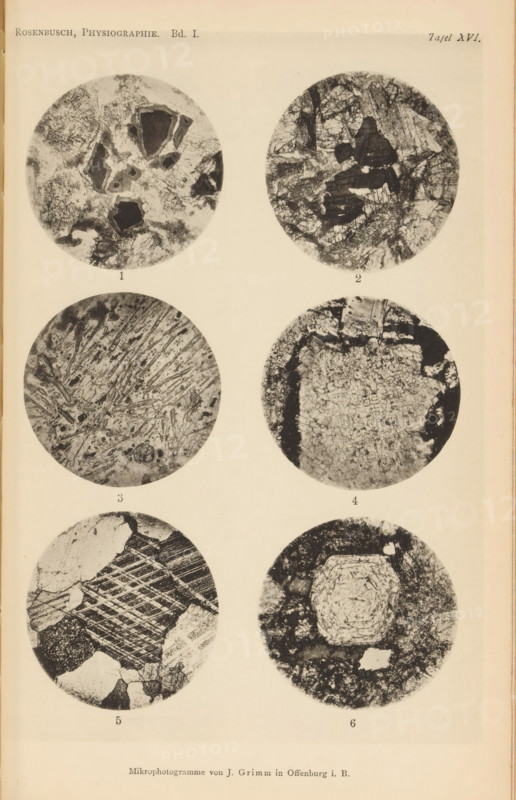 Six microscopic enlargements of minerals, page, photomechanical print, Image 1 is titanite, 2 is augite, 3 is norite, 4 is tridymite, 5 is calcite and 6 is nepheline., number: '1, 6', number: 'Tafel XVI', photographer: Emil Cohen, Greifswald, cliché maker: J. Grimm, Offenburg, c. 1880 - in or before 1885, Baden-Württemberg, Mecklenburg-Vorpommern, paper, collotype, photoprint, height 233 mm x width 149 mm, minerals and metals, A vertical page showing six circular black and white photomicrograph images arranged in two columns and three rows on a light background, each circle containing varied grainy and textured patterns with irregular dark shapes, lines, and mottled areas; the top left circle shows angular dark fragments within a lighter mottled field, the top right circle shows a darker clustered shape amid a network of fine lines, the middle left circle shows radiating linear streaks and scattered darker spots, the middle right circle shows a dense textured central area bordered by a...