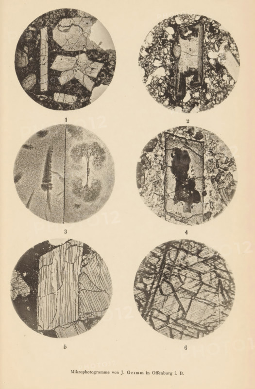 Six microscopic enlargements of minerals, page, photomechanical print, Image 1 2, 3, 4 and 5 is augite, 6 is diopside., number: '1, 6', number: 'Tafel XX', photographer: Emil Cohen, Greifswald, cliché maker: J. Grimm, Offenburg, c. 1880 - in or before 1885, Baden-Württemberg, Mecklenburg-Vorpommern, paper, collotype, photoprint, height 233 mm x width 149 mm, minerals and metals, The image shows a vertical arrangement of six circular black-and-white microphotograph discs on a light background, organized in three rows and two columns; each disc contains textured, high-contrast patterns of mineral-like or cellular structures with varying cracks, grainy clusters, elongated rectangular shapes, and irregular dark patches; the top left disc contains angular fragments and a vertical bar, the top right disc shows a central elongated block surrounded by a speckled matrix, the middle left disc displays a faint central divider with radial and featherlike textures on either side, the middle right d...