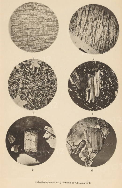 Six microscopic enlargements of minerals, page, photomechanical print, Image 1 is microcline, 2 is microcline and albite, 3, 4, 5 and 6 is plagioclase., number: '1, 6', number: 'Tafel XXV', photographer: Emil Cohen, Greifswald, cliché maker: J. Grimm, Offenburg, c. 1880 - in or before 1885, Baden-Württemberg, Mecklenburg-Vorpommern, paper, collotype, photoprint, height 233 mm x width 149 mm, minerals and metals, A vertical sheet shows six circular black-and-white close-up images arranged in two columns and three rows, each circle containing different textured patterns and shapes; the top left circle displays horizontal layered striations with uneven edges, the top right circle shows diagonal streaked textures with a lighter wedge cutting across its lower portion, the middle left circle contains a dense, fragmented network of angular shards and mottled dark areas, the middle right circle features a dark background with lighter elongated rectangular and needle-like fragments clustered to...