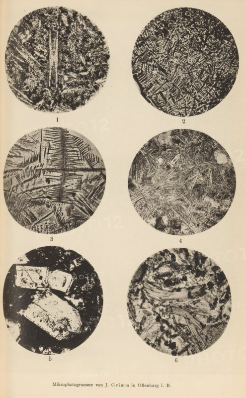 Six microscopic magnifications of minerals, page, photomechanical print, Image 1 is olivine in basalt, 2 is trichite and magnetite in glass basalt, 3 is augite in bitumen, 4 is feldspar in trachyte, 5 is feldspar in augite and 6 is minette., number: '1, 6', number: 'Tafel III', photographer: Emil Cohen, Greifswald, cliché maker: J. Grimm, Offenburg, c. 1880 - in or before 1885, Baden-Württemberg, Mecklenburg-Vorpommern, paper, collotype, photoprint, height 233 mm x width 149 mm, minerals and metals, A vertical sheet showing six circular black-and-white photomicrograph images arranged in two columns and three rows on a light background, each circle containing textured, irregular patterns and grainy contrasts; small dark numerals appear beneath each circle; a line of printed text is centered near the bottom of the sheet.