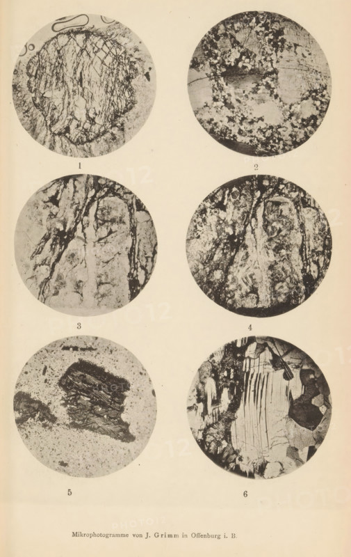 Six microscopic enlargements of minerals, page, photomechanical print, Image 1 is schist, 2 is feldspar, 3 is albite, 4 is albite, 5 is biotite crystal and 6 is plagioclase., number: 'Table IV', number: '1, 6', photographer: Emil Cohen, Greifswald, clichémaker: J. Grimm, Offenburg, c. 1880 - in or before 1885, Baden-Württemberg, Mecklenburg-Western Pomerania, paper, collotype, photoprint, height 233 mm x width 149 mm, minerals and metals, A vertically oriented page showing six circular black-and-white close-up images arranged in two vertical columns and three horizontal rows, each circle containing textured, grainy patterns resembling fractured or layered surfaces with various dark veins, speckles, and irregular shapes; the top left circle shows a roughly circular central mass with intersecting fine lines and lighter surrounding area, the top right circle displays a mix of lighter patches and darker granular clusters with a horizontal darker band, the middle left circle contains elonga...