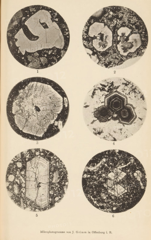 Six microscopic enlargements of minerals, page, photomechanical print, Image 1 is quartz, 2 is nosean, 3 is melaphyry, 4 is melanite in phonolite, 5 is augite and 6 is augite in nephelinite., number: 'Tafel V', number: '1, 6', photographer: Emil Cohen, Greifswald, cliché maker: J. Grimm, Offenburg, c. 1880 - in or before 1885, Baden-Württemberg, Mecklenburg-Vorpommern, paper, collotype, photoprint, height 233 mm x width 149 mm, minerals and metals, A vertical page showing six circular black-and-white close-up images arranged in two columns and three rows against a pale background, each circle containing textured mineral or rock patterns with varying internal shapes and contrasts; the top left circle has a large irregular pale patch with darker fragmented border and small cracks, the top right circle contains three rounded pale clusters with dark centers surrounded by a speckled matrix, the middle left circle shows a roughly hexagonal pale area with fine radial lines and a dark rim, the...