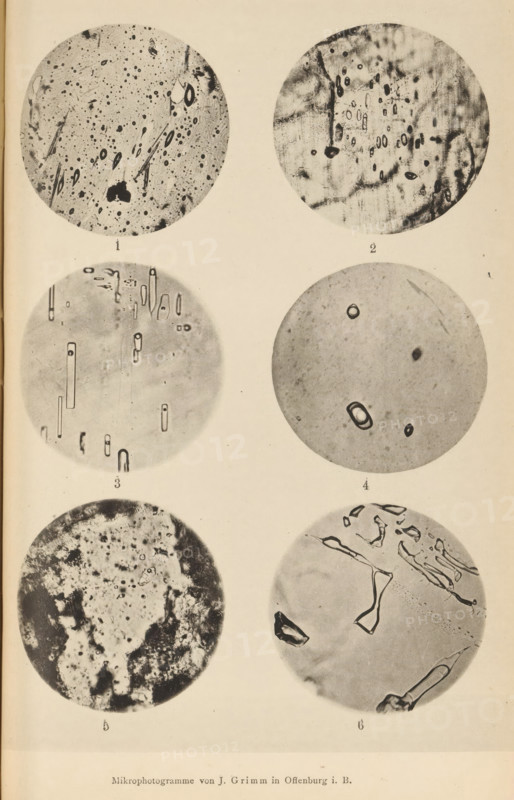 Six microscopic enlargements of minerals, page, photomechanical print, Image 1 is obsidian, 2 is apatite, 3 is rock salt, 4 is smoky quartz, 5 is crystal and quartz and 6 is topaz., number: 'Tafel VI', number: '1, 6', photographer: Emil Cohen, Greifswald, cliché maker: J. Grimm, Offenburg, c. 1880 - in or before 1885, Baden-Württemberg, Mecklenburg-Vorpommern, paper, collotype, photoprint, height 233 mm x width 149 mm, minerals and metals, A vertically oriented page showing three rows of two circular grayscale photomicrographs each, arranged in two columns with even spacing; the circles display varied textured patterns including speckles, elongated oval shapes, dark irregular blotches, linear streaks, and ring-like forms, with some circles showing dense granular areas and others appearing smoother with isolated dark shapes; faint numbering appears beneath each circle and a narrow margin borders the page.