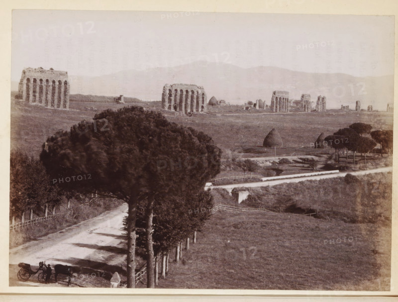 View of the Via Appia near Rome, photograph, page, Via Appia Antica, c. 1850 - in or before 1860, photographer, paper, albumen print, height 97 mm x width 134 mm, street, landscape with ruins, A wide landscape in muted tones shows a dirt road lined with tall, evenly spaced trees leading toward the foreground where a horse-drawn carriage and a person stand beside the horse; a large rounded tree canopy dominates the middle left area; open grassy fields extend across the scene with scattered low fences and paths; several ruined stone structures with tall arched openings stand across the midground, with dome-shaped mounds and additional trees nearby; low hills form a faint backdrop under a pale sky.