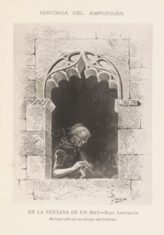 Photo reproduction of a drawing depicting a figure in a window, En la ventana de un mas-Bajo Ampurdán, reproduction, page, photomechanical print, inscription: 'Portal de Santa Catalina', Catalonia, after drawing by Pahissa, c. 1873 - in or before 1883, paper, collotype, photoprint, height 132 mm x width 100 mm, human figure at (open) window, seen from outside, A monochrome illustration showing a stone window with an arched tracery at the top and carved blocks forming the frame, a dark interior beyond the arch, and a seated figure leaning at the windowsill knitting with yarn, wearing glasses and a hooded garment; the stone surfaces display textured lines and shading, and a small artist signature appears near the lower right of the interior.