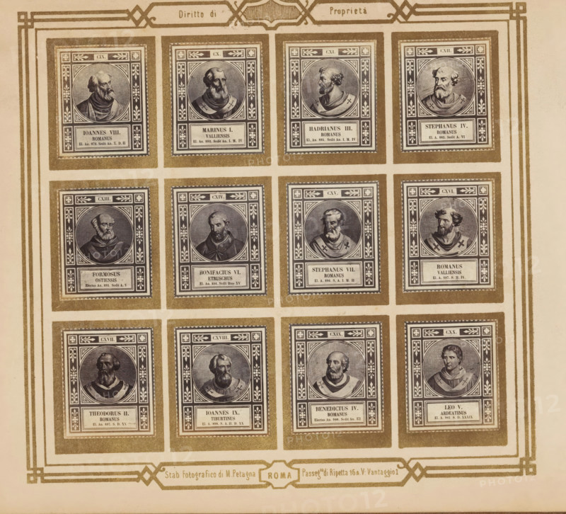 Photo reproduction of twelve portraits of popes, photograph, reproduction, page, photographer: M. Petagna, Rome, after sculpture by anonymous, c. 1854 - in or before 1864, after sculpture by, paper, albumen print, height 187 mm x width 210 mm, pope, A grid of framed rectangular portraits printed on aged paper, each framed portrait set within decorative borders and mounted on darker rectangular mats, showing engraved busts of men in classical or clerical robes with varied facial hair and head shapes, each portrait centered in an ornamental square with floral and geometric corner designs, arranged in rows and columns with narrow separations, all contained within a larger decorative border that runs along the edges of the paper.