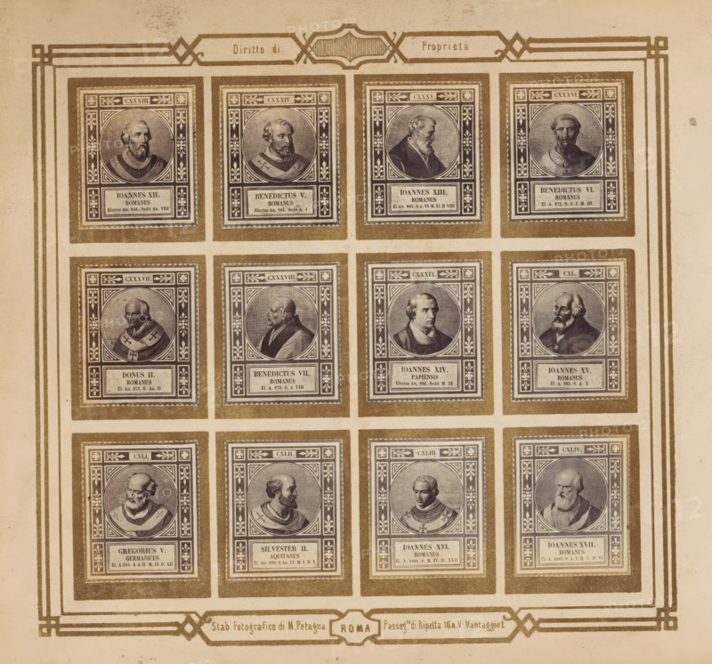 Photo reproduction of twelve portraits of popes, photograph, reproduction, page, photographer: M. Petagna, Rome, after sculpture by anonymous, c. 1854 - in or before 1864, after sculpture by, paper, albumen print, height 187 mm x width 210 mm, pope, A grid of framed rectangular portraits arranged in rows and columns fills the image, each portrait set within an ornate decorative border and mounted on a textured background with a darker outer frame; the portraits depict head-and-shoulder engraved busts of men in historical attire, many with beards and robes, shown in various poses facing forward or in profile, each portrait area featuring corner floral motifs and geometric patterns; the sheet is bordered by double-lined decorative margins with corner embellishments, and a horizontal decorative band runs along the bottom containing a small central shield-like cartouche and additional ornamental lines.