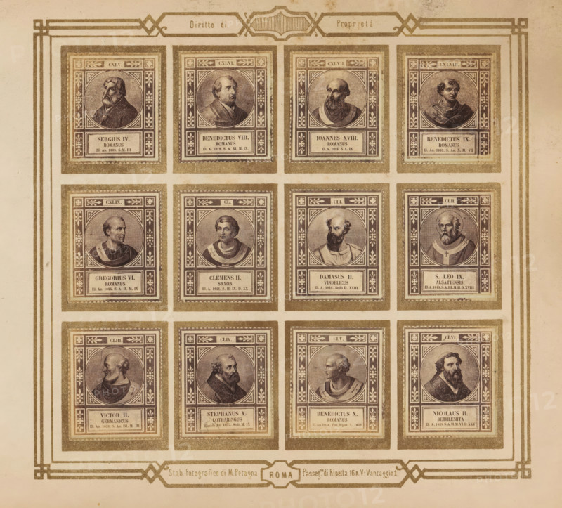 Photo reproduction of twelve portraits of popes, photograph, reproduction, page, photographer: M. Petagna, Rome, after sculpture by anonymous, c. 1854 - in or before 1864, after sculpture by, paper, albumen print, height 187 mm x width 210 mm, pope, A faded printed sheet shows a grid of framed square portraits arranged in rows and columns, each portrait set within an ornate rectangular border with floral corner motifs and a decorative circular medallion containing a bust of a man in historical dress; the busts show varied hairstyles and facial hair, including beards and clean-shaven faces, and different collars, robes, and drapery; the frames have a double-line outer border and inner patterned edges, and the sheet has a decorative outer frame with geometric corner elements and a central cartouche at the bottom; the overall paper has a yellowed, aged tone with subtle stains and spots.