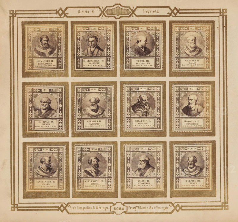 Photo reproduction of twelve portraits of popes, photograph, reproduction, page, photographer: M. Petagna, Rome, after sculpture by anonymous, c. 1854 - in or before 1864, after sculpture by, paper, albumen print, height 187 mm x width 210 mm, pope, A sepia-toned sheet shows a grid of ornate rectangular panels framed by decorative borders, each panel containing a circular portrait of a bearded or clean-shaven man in historical robes or clerical garments, surrounded by patterned corners and floral motifs, with a small framed area beneath each portrait; the grid is set within thicker outer lines and corner embellishments, and the overall appearance is aged with light stains and slight discoloration.