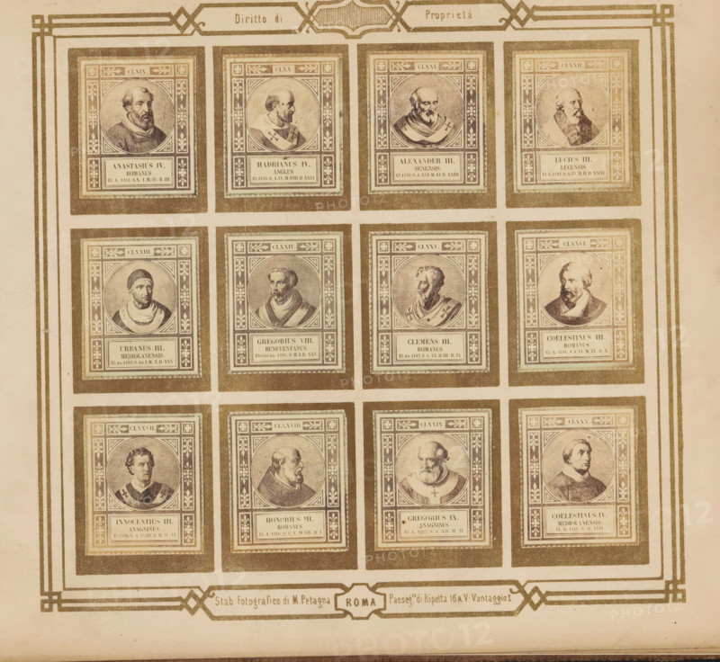 Photo reproduction of twelve portraits of popes, photograph, reproduction, page, photographer: M. Petagna, Rome, after sculpture by anonymous, c. 1854 - in or before 1864, after sculpture by, paper, albumen print, height 187 mm x width 210 mm, pope, A sepia-toned sheet shows a grid of framed rectangular portrait panels arranged in rows and columns, each panel containing a circular bust of a man in historical attire set within decorative borders, with ornamental corner motifs and small rectangular caption boxes beneath the circular images; thick double-lined margins and decorative corner elements surround the grid, and a decorative horizontal cartouche runs along the bottom edge.