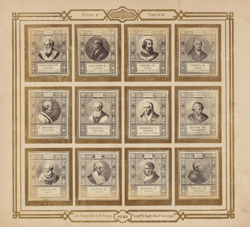 Photo reproduction of twelve portraits of popes, photograph, reproduction, page, photographer: M. Petagna, Rome, after sculpture by anonymous, c. 1854 - in or before 1864, after sculpture by, paper, albumen print, height 187 mm x width 210 mm, pope, A sepia-toned sheet displays a grid of framed rectangular portraits arranged in rows and columns, each frame containing an oval portrait of a different man shown from various angles and wearing robes or clerical collars; ornate decorative borders surround each portrait with floral and geometric patterns, and each framed portrait sits within a thicker dark outer border against a lighter background; the sheet is edged with a decorative triple-line border and corner embellishments, and a horizontal decorative band runs near the top and bottom of the page.