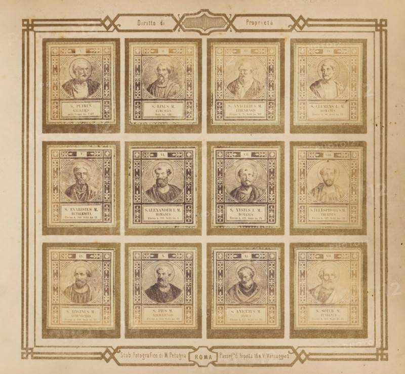 Photo reproduction of twelve portraits of popes, photograph, reproduction, page, photographer: M. Petagna, Rome, after sculpture by anonymous, c. 1854 - in or before 1864, after sculpture by, paper, albumen print, height 187 mm x width 210 mm, pope, A faded sepia printed sheet showing a grid of framed rectangular portrait panels arranged in rows and columns, each panel containing a circular bust of a bearded or clean-shaven man set within ornate patterned borders, with a smaller rectangular cartouche beneath each portrait; decorative double-line borders run along the outer edges of the sheet and ornate corner motifs appear at the top and bottom center, and the overall paper shows age spots and uneven discoloration.