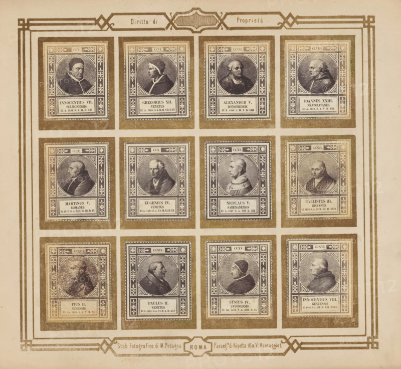 Photo reproduction of twelve portraits of popes, photograph, reproduction, page, photographer: M. Petagna, Rome, after sculpture by anonymous, c. 1854 - in or before 1864, after sculpture by, paper, albumen print, height 187 mm x width 210 mm, pope, A framed sheet showing a grid of portrait panels, each panel containing an oval portrait of a man in historical dress set inside an ornate rectangular border with decorative patterns; the portraits vary in head orientation and attire, including caps, robes, and collars, and the panels are arranged in rows and columns with wide margins and decorative corner lines surrounding the whole sheet.