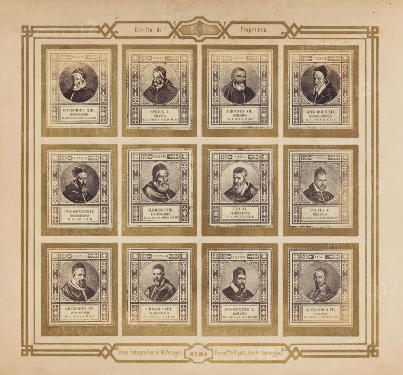 Photo reproduction of twelve portraits of popes, photograph, reproduction, page, photographer: M. Petagna, Rome, after sculpture by anonymous, c. 1854 - in or before 1864, after sculpture by, paper, albumen print, height 187 mm x width 210 mm, pope, A sepia-toned grid of framed portrait vignettes arranged in rows and columns, each vignette featuring an oval portrait of a bearded man wearing clerical headwear and robes, surrounded by ornate rectangular decorative borders with floral corner motifs and patterned bands, all set within broader gilded rectangular mats and separated by pale margins, with an outer decorative border framing the entire sheet.