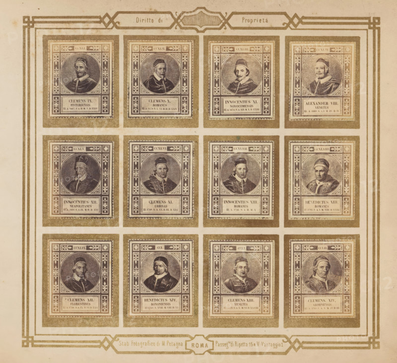 Photo reproduction of twelve portraits of popes, photograph, reproduction, page, photographer: M. Petagna, Rome, after sculpture by anonymous, c. 1854 - in or before 1864, after sculpture by, paper, albumen print, height 187 mm x width 210 mm, pope, A rectangular sheet with a decorative border containing a grid of framed rectangular portraits, each portrait showing a head-and-shoulders engraving of a man in historical clerical attire, each portrait set within an ornate patterned frame and a darker rectangular mat, the portraits arranged in rows and columns with consistent spacing, the sheet colored in aged beige and brown tones with slight foxing and wear, and a decorative cartouche centered along the bottom edge.