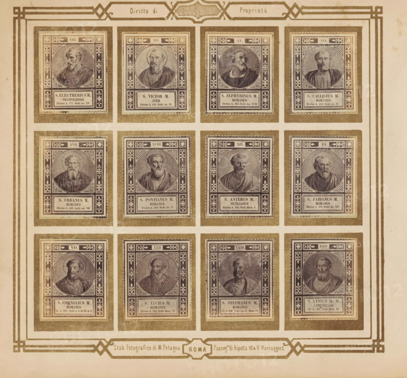 Photo reproduction of twelve portraits of popes, photograph, reproduction, page, photographer: M. Petagna, Rome, after sculpture by anonymous, c. 1854 - in or before 1864, after sculpture by, paper, albumen print, height 187 mm x width 210 mm, pope, A rectangular sheet with a decorative border contains a grid of framed rectangular portraits arranged in rows and columns, each portrait set within an ornate square frame featuring geometric and floral corner motifs and a circular portrait medallion showing a bust of a bearded man in classical-style drapery; each framed portrait rests on a pale background and is surrounded by a darker mat, and there is a horizontal band near the bottom with a small central decorative cartouche.