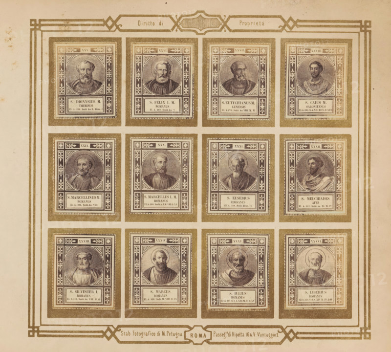 Photo reproduction of twelve portraits of popes, photograph, reproduction, page, photographer: M. Petagna, Rome, after sculpture by anonymous, c. 1854 - in or before 1864, after sculpture by, paper, albumen print, height 187 mm x width 210 mm, pope, A rectangular sheet with a decorative border containing a grid of framed oval portraits of men, each portrait set within an ornate rectangular stamp-like frame and surrounded by patterned corners and floral motifs, printed in muted brown and sepia tones; the men depicted have varied facial hair and hairstyles and wear robes or draped garments, with some portraits showing frontal views and others three-quarter profiles, and the layout shows three vertical columns and multiple horizontal rows of these framed portraits with consistent spacing and aligning borders.