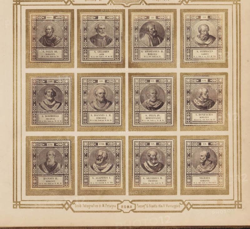 Photo reproduction of twelve portraits of popes, photograph, reproduction, page, photographer: M. Petagna, Rome, after sculpture by anonymous, c. 1854 - in or before 1864, after sculpture by, paper, albumen print, height 187 mm x width 210 mm, pope, A sepia-toned sheet shows a grid of framed rectangular portraits, each frame containing an oval bust of a bearded man set against decorative patterned borders, with ornamental floral corner motifs and a rectangular panel beneath each portrait; the frames are arranged in rows and columns separated by pale margins, and the whole sheet is surrounded by a decorative border with geometric corner designs.
