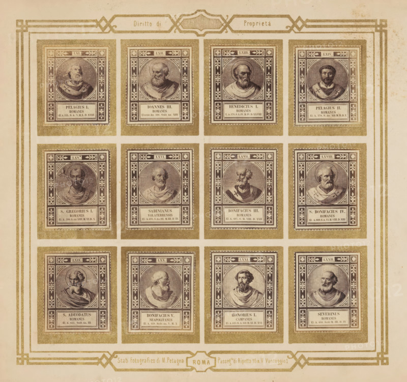 Photo reproduction of twelve portraits of popes, photograph, reproduction, page, photographer: M. Petagna, Rome, after sculpture by anonymous, c. 1854 - in or before 1864, after sculpture by, paper, albumen print, height 187 mm x width 210 mm, pope, A grid of framed portrait medallions arranged in rows and columns fills the page, each medallion showing a bust of a bearded man set within ornate rectangular borders and decorative corner motifs; the portraits vary in facial hair, hairstyles, and clothing details such as collars and draped garments, and each framed panel sits on a textured golden rectangle against a cream-colored background with a decorative geometric border running around the page.