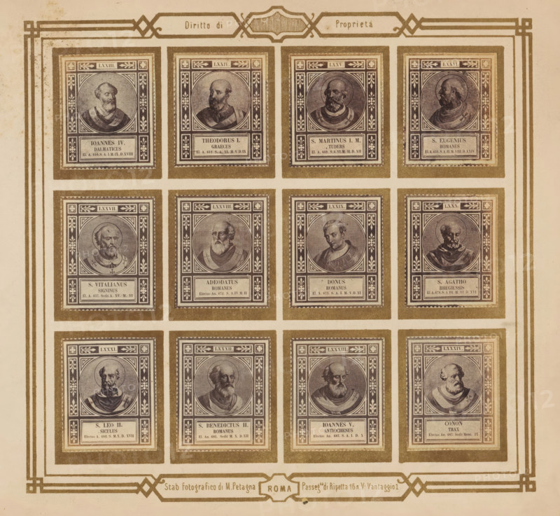 Photo reproduction of twelve portraits of popes, photograph, reproduction, page, photographer: M. Petagna, Rome, after sculpture by anonymous, c. 1854 - in or before 1864, after sculpture by, paper, albumen print, height 187 mm x width 210 mm, pope, A sepia-toned page showing a grid of framed rectangular portrait panels arranged in rows and columns, each panel containing an engraved bust of a man within a circular medallion and ornate geometric and floral borders, with a rectangular label area beneath each portrait; the panels are separated by wide margins and enclosed within a decorative border of parallel lines and corner motifs, and a horizontal decorative header and footer band run across the top and bottom of the page.