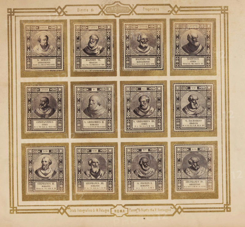 Photo reproduction of twelve portraits of popes, photograph, reproduction, page, photographer: M. Petagna, Rome, after sculpture by anonymous, c. 1854 - in or before 1864, after sculpture by, paper, albumen print, height 187 mm x width 210 mm, pope, A sepia-toned sheet shows a grid of framed rectangular portrait panels arranged in rows and columns, each panel containing a circular bust engraving of an older bearded man wearing clerical robes set against a patterned background and surrounded by ornate borders and decorative corner motifs, with a smaller rectangular cartouche below each portrait; the sheet is bordered by a decorative geometric frame and corner flourishes, and there is a decorative panel along the bottom edge.