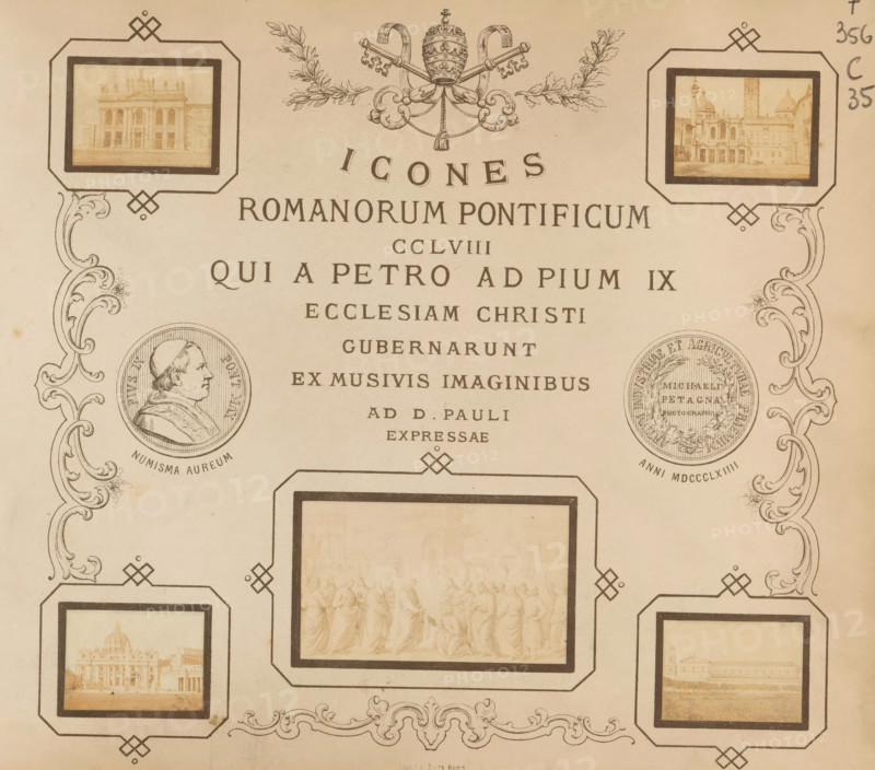 Icones romanorum pontificorum CCLVIII qui a Petro ad Pium IX ecclesiam Christi gubernarunt ex musivis imaginibus, book, publisher: Stab fotografico di M. Petagna, 1864, textile materials, paper, linen (material), albumen print, color on cut, decorated paper, height 195 mm x width 220 mm x thickness 10 mm, A sepia toned page with decorative border scrollwork and ornamental corner frames containing small faded photographic prints, a central rectangular framed image showing a group of standing figures, circular medallion portraits on either side with embossed designs, and an ornate emblem at the top featuring crossed keys and a papal tiara with laurel sprigs.