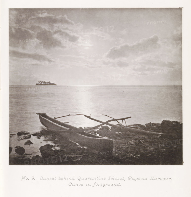 Sunset behind Quarantine Island, Papeete Harbour. Canoe in foreground, Sunset over the Pacific Ocean, seen from Papeete harbour, page, photomechanical print, number: 'No. 9.', photographer: Henry Stuart-Wortley, Papeete, cliché maker: Meisenbach's Autotype Company, printer (person): Meisenbach's Autotype Company, 1880, Meisenbach's Autotype Company, photographer, French Polynesia, Tahiti, paper, collotype, photoprint, height 125 mm x width 138 mm, sunset, A shore scene with a calm expanse of water reflecting light from the sky, a small island with clustered trees visible on the horizon, scattered clouds filling much of the sky, a pair of narrow wooden canoes resting on rocky ground at the water's edge with one canoe showing an outrigger frame, and rocks and shoreline debris in the foreground.
