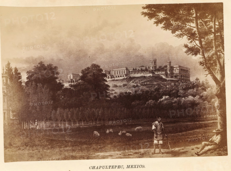 Chapultepec, Mexico, photograph, reproduction, page, after print by anonymous, c. 1870 - in or before 1880, photographer, after print by, paper, albumen print, height 98 mm x width 141 mm, city-view in general, 'veduta', palace, façade (of house or building), North America, Mexico City, Palace of Chapultepec, A sepia-toned landscape shows a large hilltop complex of classical-style buildings with towers and colonnades surrounded by trees and shrubbery, a terraced slope leading down to a dense stand of trees in the middle ground, and an open grassy foreground where a standing man in striped clothing holds a staff and a seated man in a wide-brimmed hat reclines nearby, with a small flock of grazing sheep between them and rows of young trees behind them; tall trees frame the right edge and the sky above is filled with soft cloud textures.