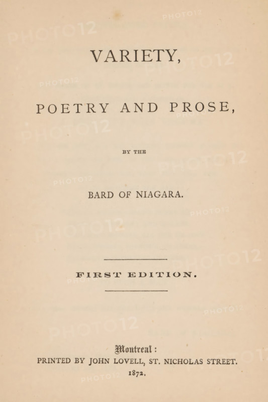 Variety, poetry and prose, book, writer (clerical worker): JB Waid, publisher: John Lovell, Montreal, 1872, writer (clerical worker), North America, textile materials, paper, linen (material), albumen print, height 169 mm x width 115 mm x thickness 20 mm, A vertical page with aged beige paper showing centered printed lines of dark serif type, a larger bold heading near the top, additional lines of smaller and medium type spaced down the page, thin horizontal rules, and faint spots and slight discoloration across the surface.