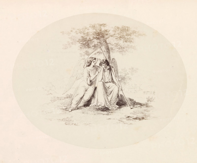Photo reproduction of a drawing depicting Sleep and Death, photograph, reproduction, page, after drawing by anonymous, c. 1857 - in or before 1867, photographer, paper, albumen print, height 162 mm x width 210 mm, (story of) Hypnos (Sleep) and his brother Thanatos (Death), A circular pencil drawing shows two seated winged figures beneath a tree, one with a hand raised toward the other's face and the other resting a hand against their cheek while holding a long curved tool that rests on the ground, both wearing flowing draped garments and sandals, with detailed foliage in the tree behind them and faint landscape elements in the distant background.