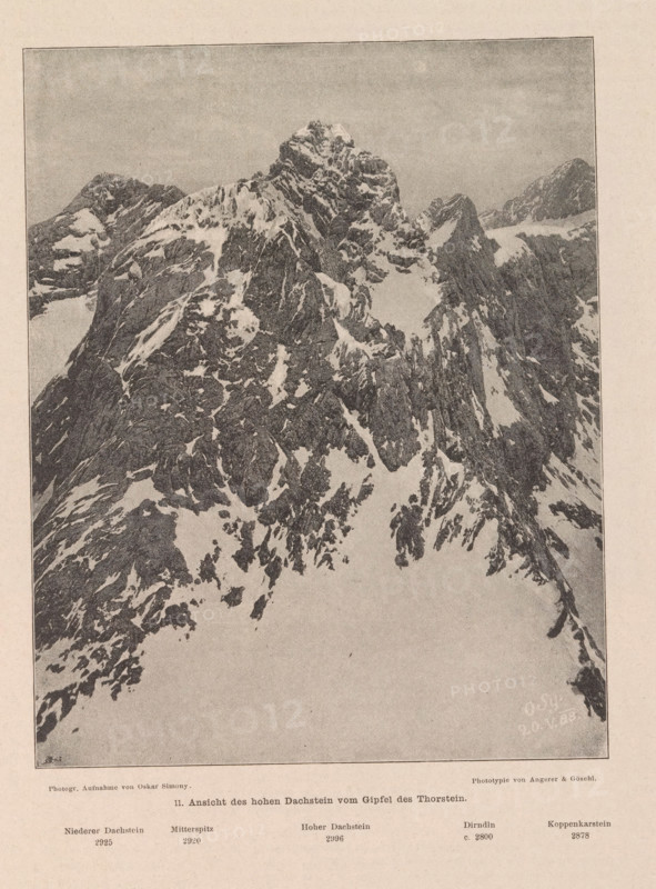 View of the Dachstein Mountains, Ansicht des hohen Dachstein vom Gipfel des Thorstein, page, photomechanical print, number: '11.', photographer: Oskar Simony, Salzburg (city), cliché maker: Angerer & Göschl, C., 1888-05-20, paper, autotypie, height 185 mm x width 147 mm, mountain-range, snow peaks, Dachstein (Salzburg), A monochrome image of a jagged mountain range with steep rocky faces and patches of snow, showing a central prominent peak surrounded by smaller ridges and sharp cliffs, with a pale sky above and a lighter foreground area at the base of the mountains, all framed by a thin rectangular border and set on a textured background.