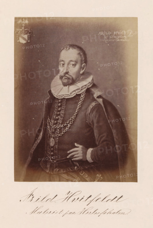 Arild Huitfeldt, Photo reproduction of a painting depicting a portrait of Arild Huitfeldt, photograph, reproduction, page, inscription: 'Maleriet paa ...', photographer: Julius Wulff, after painting by anonymous, c. 1858 - in or before 1862, paper, albumen print, albumendruk, height 163 mm x width 124 mm, Person, portrait of a writer, A sepia-toned portrait of a man shown from the waist up, wearing a ruffled collar and a dark, ornate coat with decorative buttons and chain necklaces, one with a pendant. He has short hair, a trimmed mustache and goatee, and a contemplative facial expression. One hand rests near his waist while the other is partially visible. The background is plain and darker around the portrait, with a lighter border around the image. There is a coat of arms visible near the upper corner of the portrait.