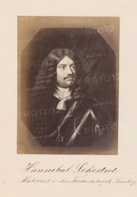 Hannibal Sehested, Photographic reproduction of a painting, depicting a portrait of Hannibal Sehested, photograph, reproduction, page, inscription: 'Maleriet i den Frederiksborgske Samling.', photographer: Julius Wulff, after painting by Karel van Mander (I), c. 1858 - in or before 1862, paper, albumen print, albumendruk, height 166 mm x width 123 mm, Person, governor, etc. of province, A sepia-toned portrait of a man with long wavy dark hair and a mustache, shown from the chest up and turned slightly to his left, wearing a dark garment with a light-colored neck cloth and decorative straps and fittings across his chest, set against a darker octagonal background panel and surrounded by a lighter border.