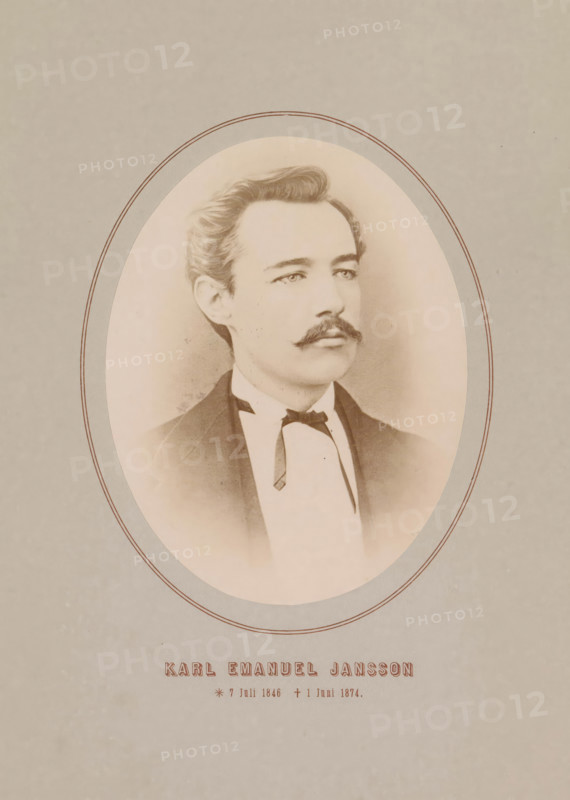 Karl Emanuel Jansson, Photo reproduction of a portrait of Karl Emanuel Jansson, photograph, reproduction, page, inscription: '* 7 July 1846 June 1, 1874.', photographer: Daniel Nyblin, after painting by Fredrik Ahlstedt, c. 1870 - in or before 1880, paper, albumen print, height 135 mm x width 104 mm, Person, portrait, self-portrait of painter, A faded oval portrait of a young man with neatly combed hair and a narrow mustache, dressed in a dark jacket and a pale shirt with a small bow at the collar, set against a light sepia background and framed by concentric oval lines on a textured light-colored paper.